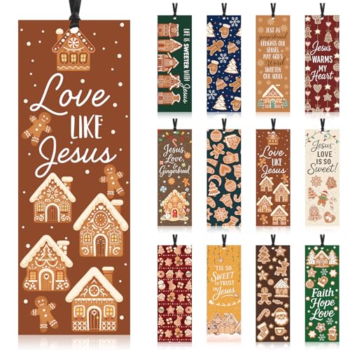 Yaomiao 120 Pcs Christian Christmas Gifts Bookmarks Bulk Gingerbread Theme Laminated Bookmark Jesus Bible Book Markers for Xmas Sunday School Church Gifts Party Favors