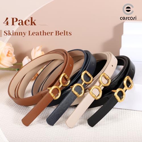CESCOSI 4 Pack Skinny Women Leather Belt for Dresses Thin Waist Belt for Jeans Pants with Gold Buckle4