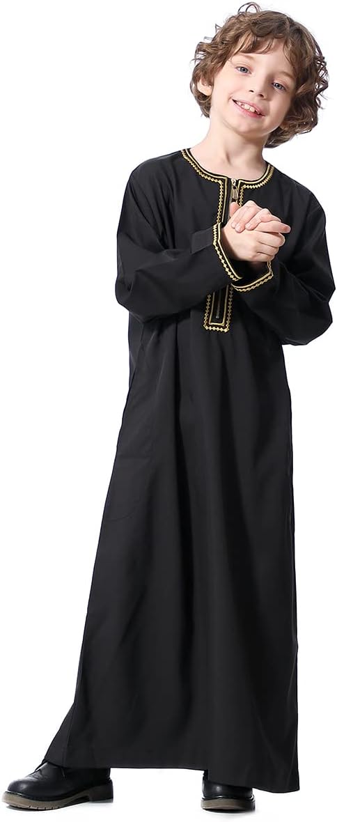 IMEKIS Kids Thobe for Muslim Boys Arab Tobes Long Sleeve Kaftan Embroidered Robe with Pockets Islamic Arabic Abaya Clothes
