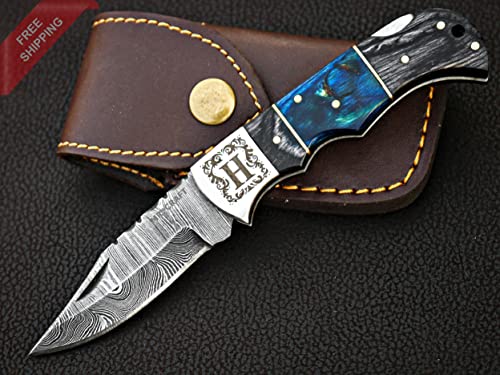 Personalized & Customized Word "H" Damascus pocket knife folding hunting knives 6.5" back lock with leather sheath Damascus blade knife - folding camping pocket knife - small folding knife - handmade gift knife - folding knives - sharpest pocket knife - hiking knife - outdoor knife - best pocket knife - mens knife (H) -  MR. CRAF...