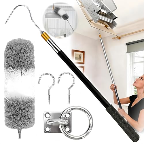 Attic Pull Down Hook with Duster, Extendable Pole for Attic