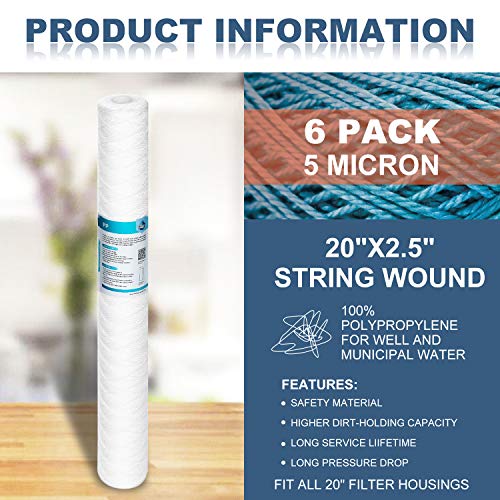 Membrane Solutions 5 Micron 2.5" Od X 20" Length Sediment Water Filter String Wound Polypropylene Cartridge For Whole House Filter Systems - 6 Pack #TOP1