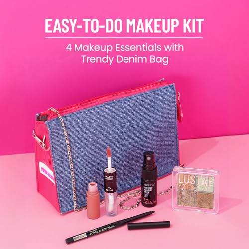 Image of SWISS BEAUTY Easy-To-Do Makeup Kit | Mini Makeup Fixer + Black Kajal + Lustre Eyeshadow Palette + Duo Lipstick With Gloss + Denim Pouch |, 5 count