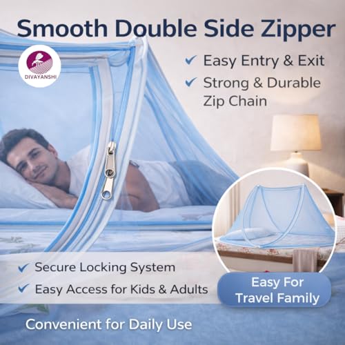 Image of Divayanshi Foldable Mosquito Net for Single Bed (3 * 6.5 ft) | Pop-Up Bed Tent with Zipper | Lightweight Polyester Mesh | Easy Folding & Washable | Insect & Mosquito Protection for Bedroom-Blue