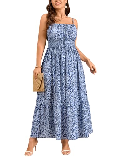 Image of SCOMCHIC Plus Size Summer Boho Dresses Spaghetti Strap Sleeveless Casual Sundress Smocked Flowy Slit Beach Maxi Dress