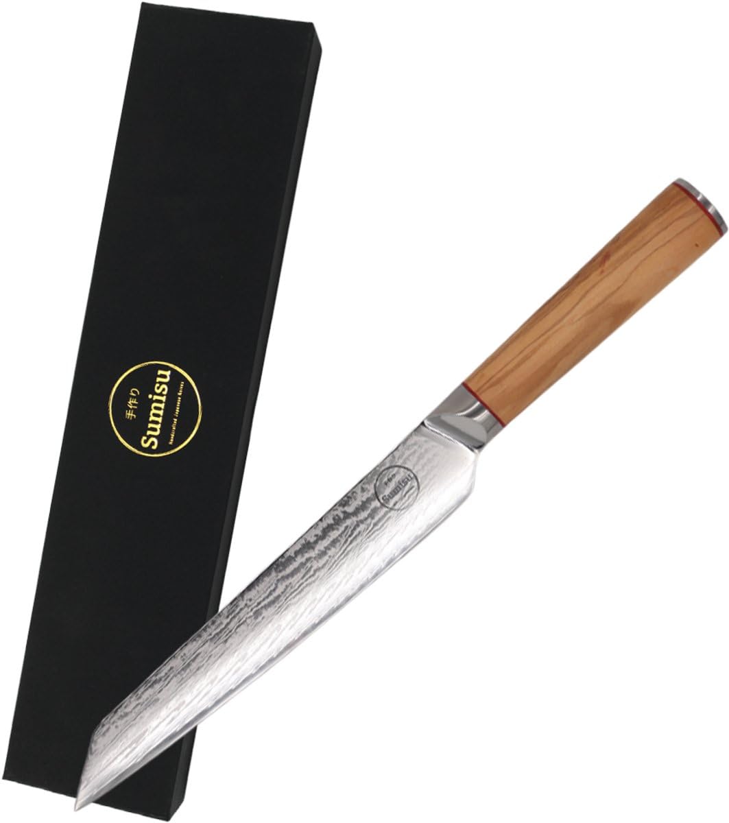 Japanisches Yanagiba-Messer - 67-lagiges Damaskus - Japanisches Filiermesser inklusive Geschenkbox - Sushi und Sashimi - Ergonomischer Griff - Links- und Rechtshänder - 33 CM - Holz
