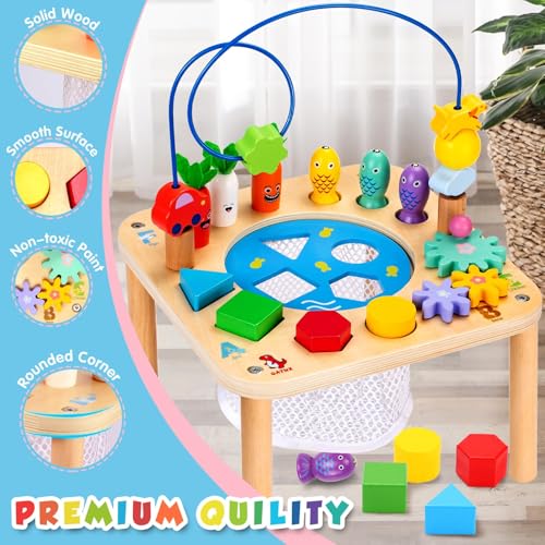 oathx Activity Table for 1 Year Old, 6 in 1 Wooden Montessori Activity Center with Bead Maze Shape Sorter Fishing Game, Kids Sensory Play Table Toddler Toys 1st Birthday Gifts Boy Girl - Thumbnail 3