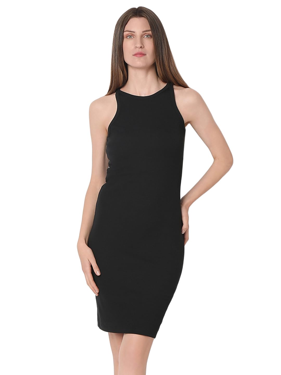 Women Knee-Length Sleeveless Bodycon Halter Neck Dress-image-8