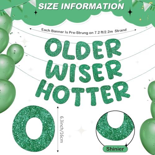 Image of Fulmoon Set of 3 Pre Strung Older Wiser Hotter Glitter Banner Funny Birthday Banner for Women 30th 40th 50th 60th 70th 80th Birthday Party Decorations Sign Gift(Green)