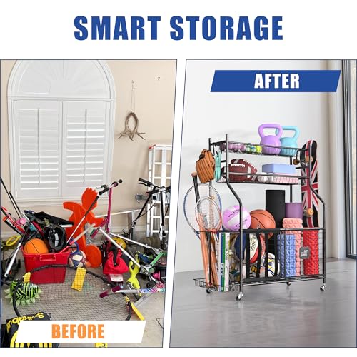 Mythinglogic-Rolling-Sports-Equipment-and-Toy-Organizer-for-Garage-Metal-cart-organizes-balls-bats-rackets-helmets-pool-gear-and-outdoor-toys-with-baskets-hooks-and-locking-wheels