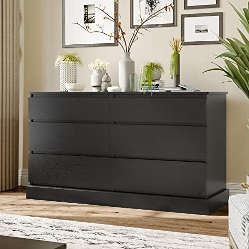 EPHEX 6 Drawer Dresser, Black Chest of Drawers, Storage Tower Clothes Organizer Closet, Double Dresser for Bedroom, Living Room, Entryway, 51.6''L x 15.7''D x 29.3''H