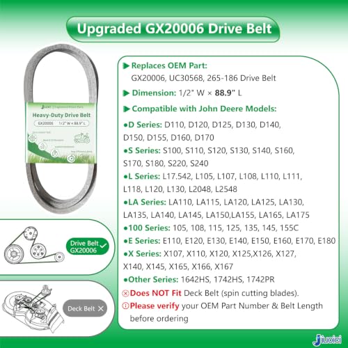 Image of GX20006 UC30568 1 /2 inchx88.9 inch Heavy-Duty Mower Drive Belt Fits John Deere | Fits John Deere D140 D130 D110 D125 D160 L120 L130 S100 S120 S130 S140 S170 S180 S240 LA115 LA145, Aramid Core, Zero-Stretch