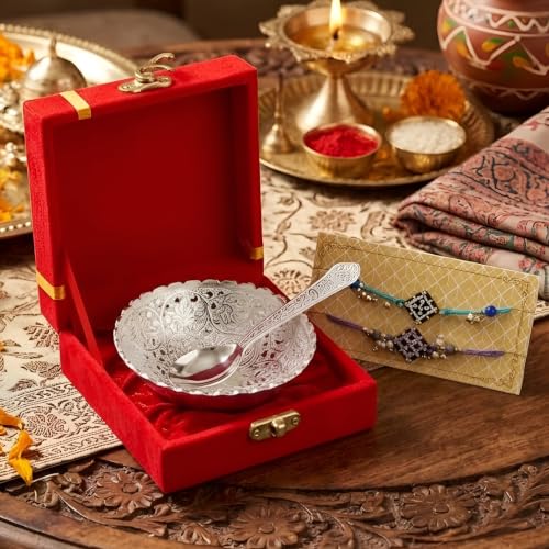 Image of Rakhi Gifts for Brother, German Silver Bowl & Spoon with Designer Rakhi, Premium Rakhi Gift Set. Raksha Bandhan Gift Hamper, Festive Gift Box, Home Decor, German Silver Bowl in Velvet box