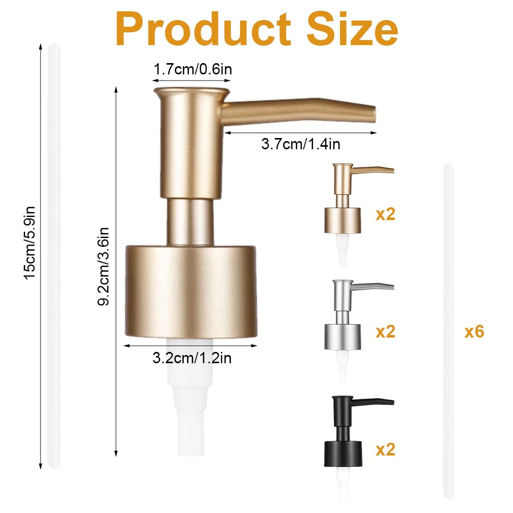 6 Pezzi Pompa Di Ricambio Per Dispenser Sapone Con Tubo 15cm - Teste Erogatrici In ABS Oro, Argento E Nero, Filetto 28mm, Antigoccia