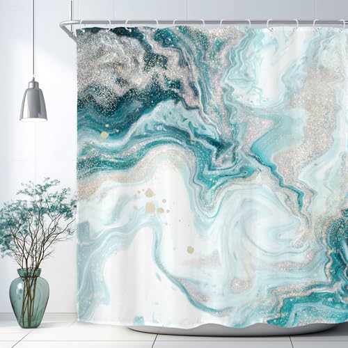 Riyidecor Teal Aqua Marble Shower Curtain Abstract Turquoise Ombre Ink Printed Luxury Texture Aesthetic Art Printed Fabric Polyester Waterproof 12 Pack Plastic Hooks for Bathroom Decor 72Wx72H