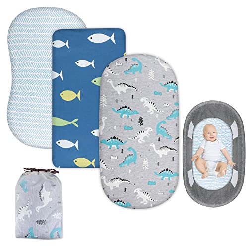MooMoo Baby Fitted Bassinet Sheets 3 Packs Organic Cotton Jersey Bassinet Cover for Oval Hourglass & Rectangle Shaped Bassinet Pads 32 x 16 x 3â€
