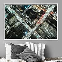 Framed Canvas Wall Art City Illuminations Aerial Cityscape Contemporary Multicolor Photography Places Realism Ultra Urban - 16x24 inches