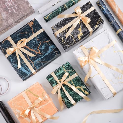 woric 5 Rollen Geschenkpapier Set, 43cm x 3m Geschenkpapier Geburtstag Marmor Geschenkpapierrolle mit Schleifenband Gold für Geburtstag Hochzeit Muttertag (Marmorblau)