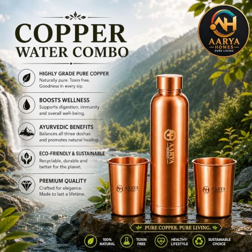 Image of Pure Plain Copper Water Bottle (950ml) with 2 Copper Glasses (300ml) Combo Set | High-Grade Pure Copper | Gifting Item for Festival, Wedding, Birthday & Corporate Gifting | PURE LIVING.