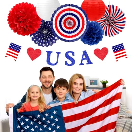 Image of Red-White Blue Memorial-Day Patriotic Decorations - 21pcs 4th Fourth of July Americana Banner Garland,Independence Party Decor Paper Streamers Lanterns,Flower Tissue Pom Poms Fan Supplies Huglony