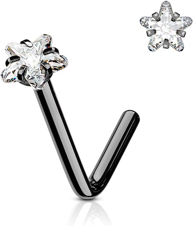 BodyJewelryOnline Nose Ring Stud L Bend Shape Surgical Steel Screw Star CZ Gem 1pc 20G 18G 6MM