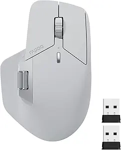Rapoo MT760 Multi-Device Wireless Mouse, Bluetooth 5.0 and 2.4G Multi-Mode Connection, Up to 4 Devices, 11 Programmable Buttons, 4K DPI, 90 Days Battery Life, PC, Light Grey