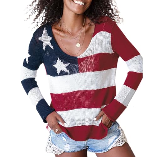Image of Women American Flag Sweater Loose Vintage USA Sweatshirt Long Sleeve Crewneck Hollow Out 4th of July Jumper