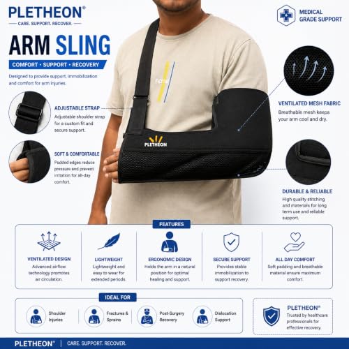Image of PLETHEON Arm Sling for Arm & Shoulder Support, Adjustable Forearm Sling for Fracture, Injury & Post Surgery Recovery, Breathable & Lightweight, Black, Neoprene (ADULT)