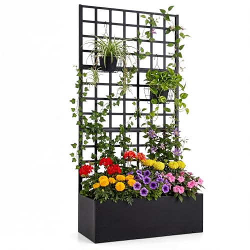 COSTWAY Blumenkasten mit Rankgitter Pflanzkasten für Kletterpflanzen Hochbeet mit Spalier & Entwässerung Blumenkübel für Garten Balkon Sichtschutz Gartenspalier Metall 91x40x180 cm Schwarz
