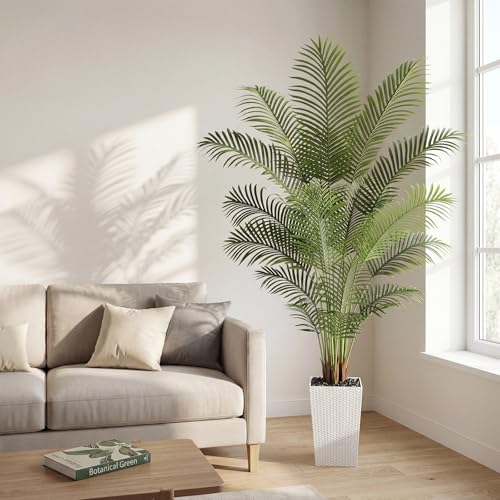 Image of 7ft Artificial Palm Tree with White Planter - Tall Fake Palm Tree Indoor Fake Tropical Plant for Home Office Living Room Bedroom Modern Decor