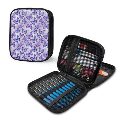 Image of Purple Butterfly Crochet Hook Case PortableKnitting Needle Organizer with Web Pockets Crochet Hook Organizer for Crochet Hooks, Knitting Needles,Knitting Crochet Supplies