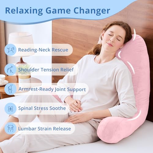 Image of Sasttie Reading Pillow for Bed, Back Pillow for Sitting Up, Pink | 25 inch Backrest Support Cushion for Couch, Sofa, and Floor, Dorm Essentials, OEKO-TEX, Adjustable Down Alternative Fill