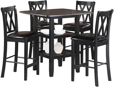 MAKLAINE 5 Piece Solid Wood Counter Height Dining Set, Black Finish, Table with 2 Shelves and 4 X-Back Chairs, Faux Leather Seat Upholstery, 39.5 in Table for Kitchen or Dining Room