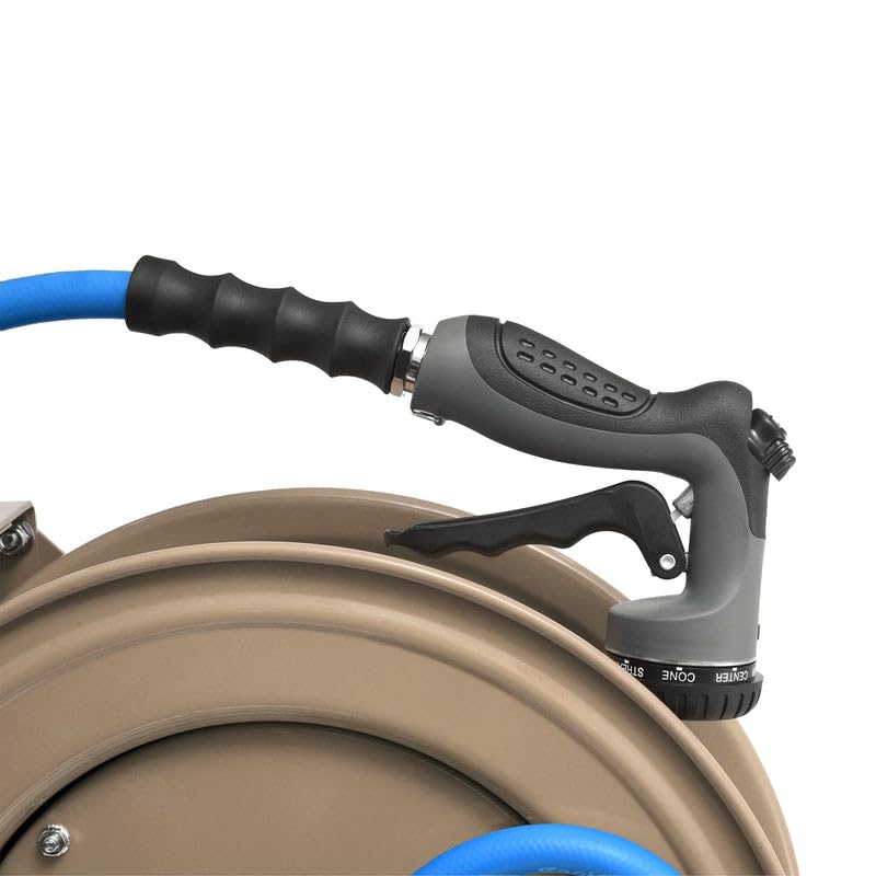 Image of Zephyr Auto-Retractable Garden Hose Reel | Heavy-Duty | Made in India | w / 3 /4in x 50ft Zephyr Hose and HD Spray Gun - Beige