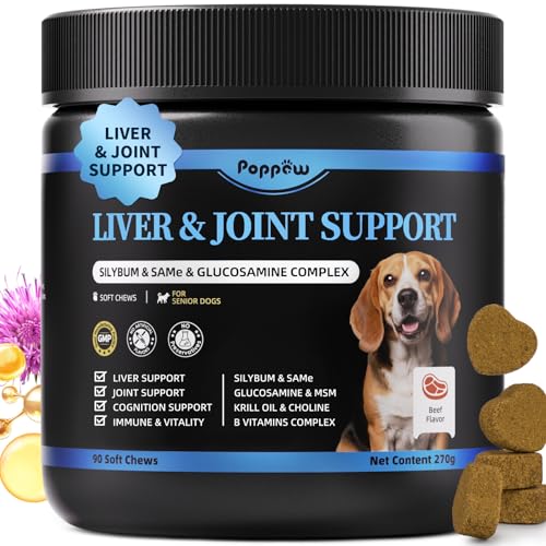POPPAW Liver Health Supplement for Senior Dogs - Joint Health Support with Silybum Marianum, Same, Krill Oil, Glucosamine, B Vitamins Complex, MSM, Choline for Old Dogs, Beef Flavor - 90 Soft Chews