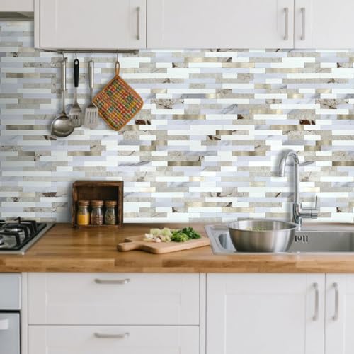image for AULIGET 20 Sheets Faux Stone Peel and Stick Backsplash, Beige & White 