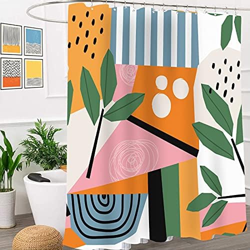 Miyotaa Abstract Minimalist Aesthetic Contemporary Shower Curtain Set 60Wx71H Inches Art Geometric Orange Leaves Plant Modern Polyester Waterproof Cloth Bathroom Curtain with 12 Hooks - 1