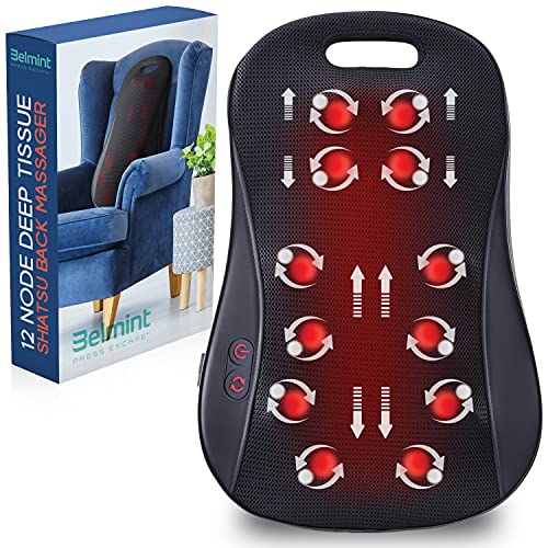 Shiatsu Deep Kneading Back Massager - 12 Rolling Nodes Heated Portable Electric Massage Chair Pad - Relax, Relief Back Pain and Muscle Soreness - Home, Office, Car Use