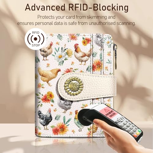 Image of Kelvoris Roosters Chicken Small Rfid Women Wallet Bifold Zipper Coin Pocket PU Leather Compact Cash Credit Card Holder Travel Wallet for Female Ladies Teen Girls 1 ID Window 10 Card Slots