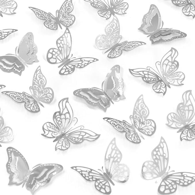 96 Pcs 3D Butterfly Wall Stickers, Silver Hollow Carved Butterfly Wall Decor Decals, 3 Sizes & 4 Styles Removable DIY Butterfly Decorations for Girls Bedroom, Nursery, Wedding, Party and Cake Decor