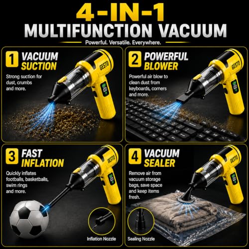 Image of Gesto HEPA Filter Enabled Vaccum Cleaner for Car & Home | Wireless | 100W Powerful Motor | 6000mAh Battery | 4-in-1 Blower, Suction, Inflation & Sealing | Digital Display | 1 Year Warranty (Yellow)