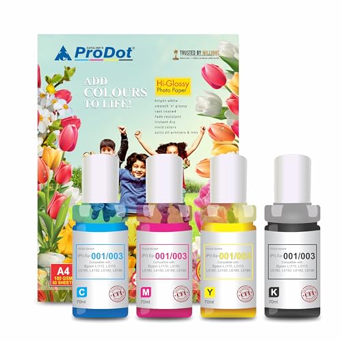 Image of ProDot ProSeries Ep 001 /003 Inkjet Ink Refill Compatible with Epson L1110, L1455, L3100, L3101, L3110, L3150, L4150, L4160, L5190, L6160, L6170, L6190 Ink Tank Printers (70 ml CMYK)
