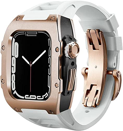 SCWZZWSY Juego de correas de reloj de acero inoxidable y goma, para iWatch SE 6 5 4 y 45 mm, kit de readaptación de lujo, correa de caucho fluorado, cubierta de bisel de metal, para iWatch SE 6 5 4 de
