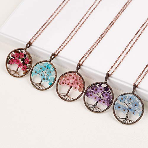 Family Tree Strawberry Quartz Leaf with Plastic Flowers Health Healing Floral Pendant Necklace Tree Wire Wrapped Jewelry Love Gift