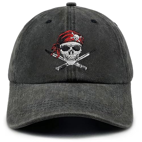 Image of Pirate Skull Embroidered Washed Hat Vintage Cotton Baseball Cap