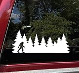 Minglewood Trading Black - Bigfoot in Treeline V2 Vinyl Decal - Pine Trees Forest PNW Sasquatch - Die Cut Sticker - 25w x 10h inches