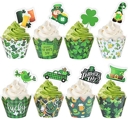 48 Pcs St Patrick's Day Cupcake Toppers and Wrappers, Shamrock Leprechauns Irish Flag Green Hat Cupcake Toppers for Saint Paddy's Day Party Cupcake Decorations Supplies