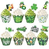 48 Pcs St Patrick's Day Cupcake Toppers and Wrappers, Shamrock Leprechauns Irish Flag Green Hat Cupc