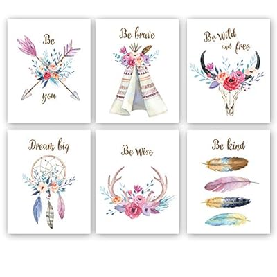 KAIRNE Girls Boho Tribal Art Print,Dreamcatcher Feathers Flowers with Inspirational Quote Wall Poster Picture,Set of 6(8X10“ Unframed) Watercolor Positive Affirmation Words Bohemian Canvas Poster
