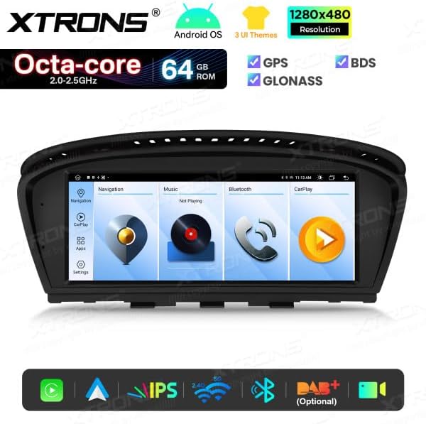 XTRONS QTB8060CI displaying its main Android user interface with navigation, music, Bluetooth, and CarPlay icons.